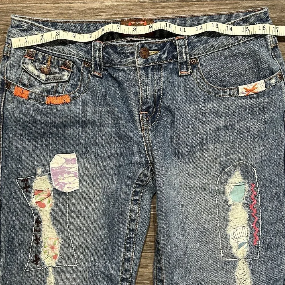 Be Good Size Large Patchwork Embroidered Denim Distressed Flare Jeans Y2K 00s